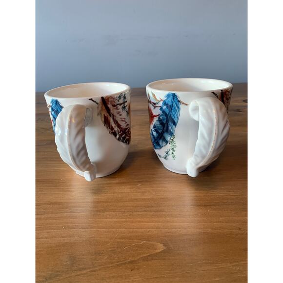 Pier 1 Imports Feather Branch Hand Painted Ironstone Set of 2 Coffee Mug Cups - Picture 3 of 10